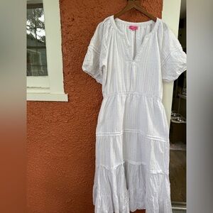 Betsey Johnson White Cotton Tiered Midi Dress Bohemian Puff Sleeve Size Large